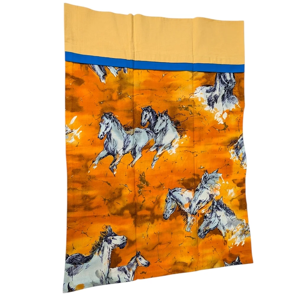 Handmade Vintage Horse Pillowcase Watercolor Print Standard Size Orange Blue